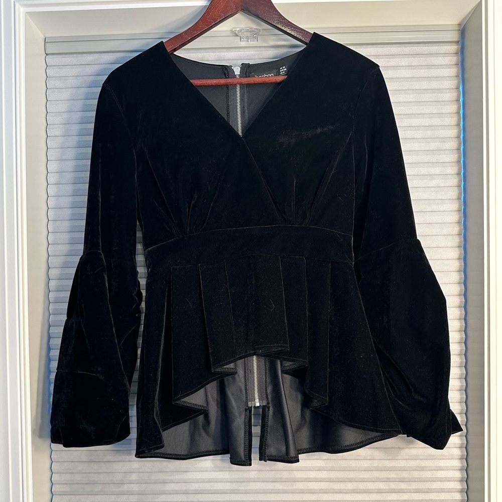 Black velvet blouse with full back zip